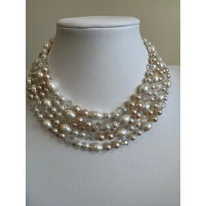 Antique vintage Vendome Necklace Beaded rhinestone clasp Pearl White champagne